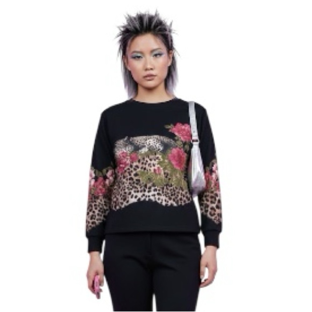 Olsen NEW Vintage Animal Print Floral Cotton Stretch Crew Top Shirt Long Black 8